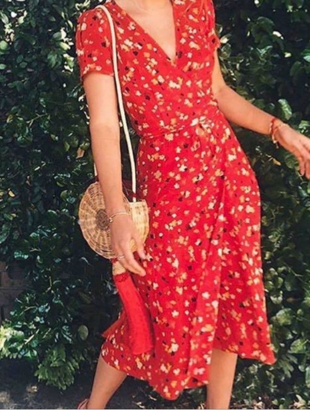Realisation Par Red Floral Wrap Midi Dress